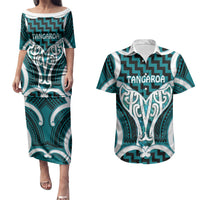 Aotearoa Atua Tangaroa Personalised Couples Matching Puletasi and Hawaiian Shirt God Of The Sea Maori Whale Tail Cyan