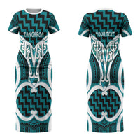 Aotearoa Atua Tangaroa Personalised Couples Matching Short Sleeve Bodycon Dress and Hawaiian Shirt God Of The Sea Maori Whale Tail Cyan