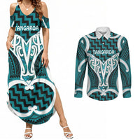 Aotearoa Atua Tangaroa Personalised Couples Matching Summer Maxi Dress and Long Sleeve Button Shirt God Of The Sea Maori Whale Tail Cyan