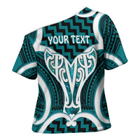 Aotearoa Atua Tangaroa Personalised Cross Shoulder Shirt God Of The Sea Maori Whale Tail Cyan