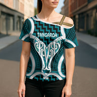 Aotearoa Atua Tangaroa Personalised Cross Shoulder Shirt God Of The Sea Maori Whale Tail Cyan