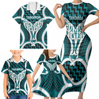 Aotearoa Atua Tangaroa Personalised Family Matching Short Sleeve Bodycon Dress and Hawaiian Shirt God Of The Sea Maori Whale Tail Cyan