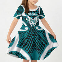 Aotearoa Atua Tangaroa Personalised Kid Short Sleeve Dress God Of The Sea Maori Whale Tail Cyan