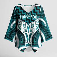 Aotearoa Atua Tangaroa Personalised Kimono Sleeve Blouse God Of The Sea Maori Whale Tail Cyan