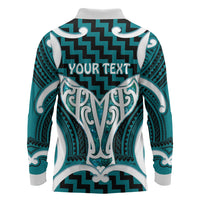 Aotearoa Atua Tangaroa Personalised Long Sleeve Polo Shirt God Of The Sea Maori Whale Tail Cyan