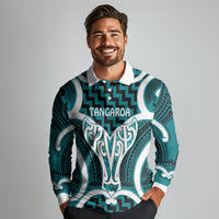 Aotearoa Atua Tangaroa Personalised Long Sleeve Polo Shirt God Of The Sea Maori Whale Tail Cyan