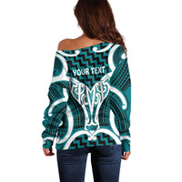 Aotearoa Atua Tangaroa Personalised Off Shoulder Sweater God Of The Sea Maori Whale Tail Cyan