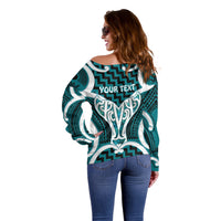 Aotearoa Atua Tangaroa Personalised Off Shoulder Sweater God Of The Sea Maori Whale Tail Cyan