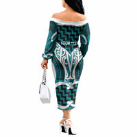 Aotearoa Atua Tangaroa Personalised Off The Shoulder Long Sleeve Dress God Of The Sea Maori Whale Tail Cyan