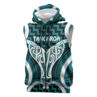 Aotearoa Atua Tangaroa Personalised Sleeveless Zip Hoodie God Of The Sea Maori Whale Tail Cyan