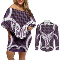 Aotearoa Atua Tangaroa Personalised Couples Matching Off Shoulder Short Dress and Long Sleeve Button Shirt God Of The Sea Maori Whale Tail Purple