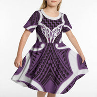 Aotearoa Atua Tangaroa Personalised Kid Short Sleeve Dress God Of The Sea Maori Whale Tail Purple