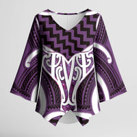 Aotearoa Atua Tangaroa Personalised Kimono Sleeve Blouse God Of The Sea Maori Whale Tail Purple