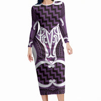 Aotearoa Atua Tangaroa Personalised Long Sleeve Bodycon Dress God Of The Sea Maori Whale Tail Purple