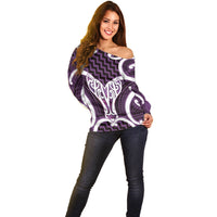 Aotearoa Atua Tangaroa Personalised Off Shoulder Sweater God Of The Sea Maori Whale Tail Purple