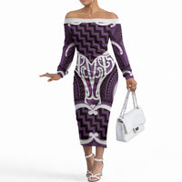 Aotearoa Atua Tangaroa Personalised Off The Shoulder Long Sleeve Dress God Of The Sea Maori Whale Tail Purple