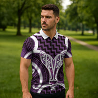 Aotearoa Atua Tangaroa Personalised Zipper Polo Shirt God Of The Sea Maori Whale Tail Purple