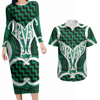 Aotearoa Atua Tangaroa Personalised Couples Matching Long Sleeve Bodycon Dress and Hawaiian Shirt God Of The Sea Maori Whale Tail Green