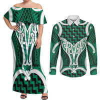 Aotearoa Atua Tangaroa Personalised Couples Matching Off Shoulder Maxi Dress and Long Sleeve Button Shirt God Of The Sea Maori Whale Tail Green