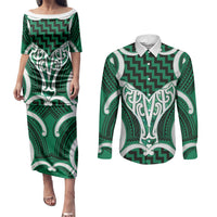 Aotearoa Atua Tangaroa Personalised Couples Matching Puletasi and Long Sleeve Button Shirt God Of The Sea Maori Whale Tail Green