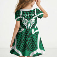 Aotearoa Atua Tangaroa Personalised Kid Short Sleeve Dress God Of The Sea Maori Whale Tail Green