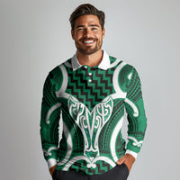Aotearoa Atua Tangaroa Personalised Long Sleeve Polo Shirt God Of The Sea Maori Whale Tail Green