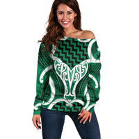 Aotearoa Atua Tangaroa Personalised Off Shoulder Sweater God Of The Sea Maori Whale Tail Green