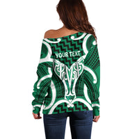 Aotearoa Atua Tangaroa Personalised Off Shoulder Sweater God Of The Sea Maori Whale Tail Green