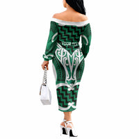 Aotearoa Atua Tangaroa Personalised Off The Shoulder Long Sleeve Dress God Of The Sea Maori Whale Tail Green