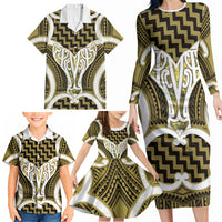 Aotearoa Atua Tangaroa Personalised Family Matching Long Sleeve Bodycon Dress and Hawaiian Shirt God Of The Sea Maori Whale Tail Yellow