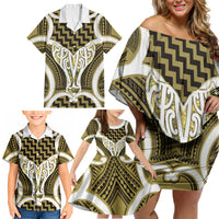 Aotearoa Atua Tangaroa Personalised Family Matching Off Shoulder Short Dress and Hawaiian Shirt God Of The Sea Maori Whale Tail Yellow