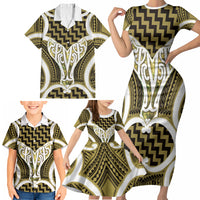 Aotearoa Atua Tangaroa Personalised Family Matching Short Sleeve Bodycon Dress and Hawaiian Shirt God Of The Sea Maori Whale Tail Yellow