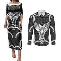 Aotearoa Atua Tangaroa Personalised Couples Matching Puletasi and Long Sleeve Button Shirt God Of The Sea Maori Whale Tail Black