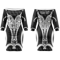 Aotearoa Atua Tangaroa Personalised Family Matching Off The Shoulder Long Sleeve Dress and Hawaiian Shirt God Of The Sea Maori Whale Tail Black