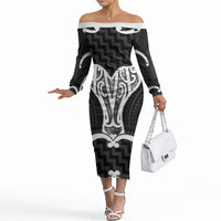 Aotearoa Atua Tangaroa Personalised Off The Shoulder Long Sleeve Dress God Of The Sea Maori Whale Tail Black
