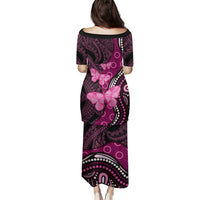 Think Pink Breast Cancer Awareness Family Matching Puletasi and Hawaiian Shirt Butterfly Aboriginal Mix Polynesian Pattern