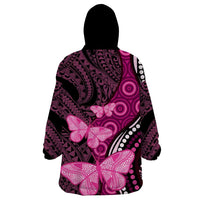Think Pink Breast Cancer Awareness Wearable Blanket Hoodie Butterfly Aboriginal Mix Polynesian Pattern