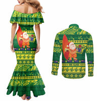 Cook Islands Christmas Couples Matching Mermaid Dress and Long Sleeve Button Shirt Surfing Santa Mere Kiritimiti - Polynesian Pride