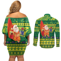 Cook Islands Christmas Couples Matching Off Shoulder Short Dress and Long Sleeve Button Shirt Surfing Santa Mere Kiritimiti - Polynesian Pride