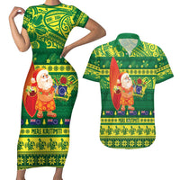 Cook Islands Christmas Couples Matching Short Sleeve Bodycon Dress and Hawaiian Shirt Surfing Santa Mere Kiritimiti - Polynesian Pride