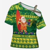 Cook Islands Christmas Cross Shoulder Shirt Surfing Santa Mere Kiritimiti - Polynesian Pride