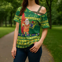 Cook Islands Christmas Cross Shoulder Shirt Surfing Santa Mere Kiritimiti - Polynesian Pride