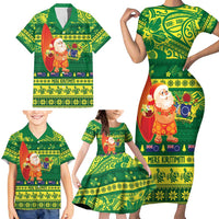 Cook Islands Christmas Family Matching Short Sleeve Bodycon Dress and Hawaiian Shirt Surfing Santa Mere Kiritimiti - Polynesian Pride