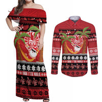French Polynesia Christmas Couples Matching Off Shoulder Maxi Dress and Long Sleeve Button Shirt Tiare Chilling Santa Oaoa I teie Noera - Polynesian Pride