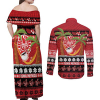 French Polynesia Christmas Couples Matching Off Shoulder Maxi Dress and Long Sleeve Button Shirt Tiare Chilling Santa Oaoa I teie Noera - Polynesian Pride