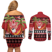 French Polynesia Christmas Couples Matching Off Shoulder Short Dress and Long Sleeve Button Shirt Tiare Chilling Santa Oaoa I teie Noera - Polynesian Pride
