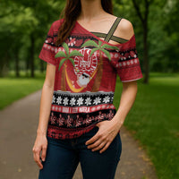 French Polynesia Christmas Cross Shoulder Shirt Tiare Chilling Santa Oaoa I teie Noera - Polynesian Pride