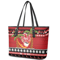French Polynesia Christmas Leather Tote Bag Tiare Chilling Santa Oaoa I teie Noera - Polynesian Pride