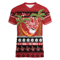 French Polynesia Christmas Women V-Neck T-Shirt Tiare Chilling Santa Oaoa I teie Noera - Polynesian Pride