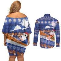 Marshall Islands Christmas Couples Matching Off Shoulder Short Dress and Long Sleeve Button Shirt Beachy Santa Monono ilo raaneoan Nejin - Polynesian Pride